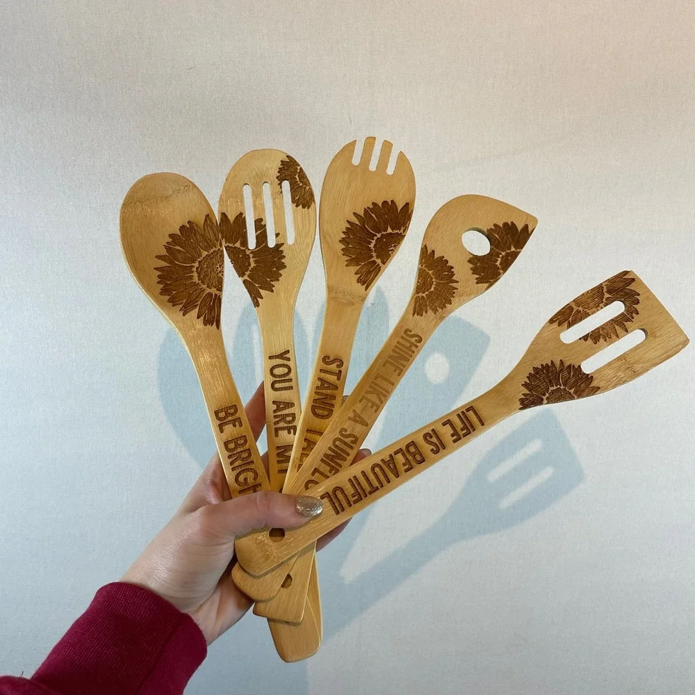 INNObeta Bamboo Cooking Spoon Set 5pc Sunflower Engraved Gift‎ Tube